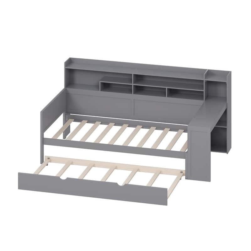Wooden Daybed with Study Desk and Twin Size Trundle, Twin/Full Size Daybed Frame Sofa Bed with Storage Shelves