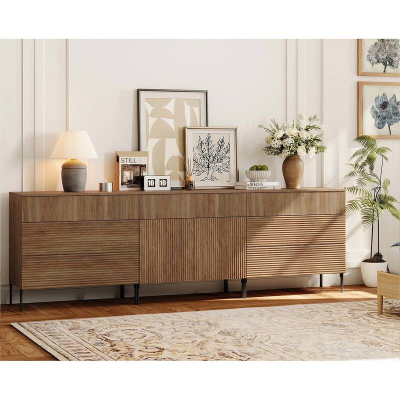 94.5" Modern Reeded Minimalist Sideboard With Drawers And Doors, 3-In-1 Wooden Credenza