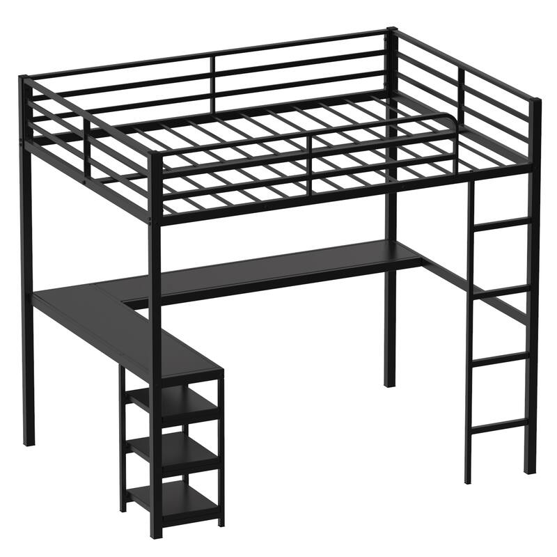 Full Size Loft Bed with L-Shaped Desk, Open Shelves, and Safety Guardrails, Heavy Duty Metal Frame, Black