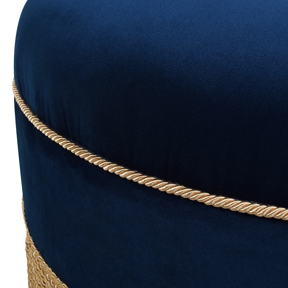 Button Tufted Round Accent Ottoman, Velvet Upholstered Makeup Stool, Fabric Single Bench with Gold Tassel Trim
