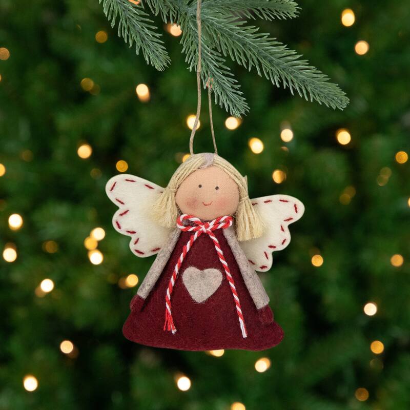 Angel Girl Hanging Christmas Ornaments - 3.5" - Burgundy and Beige - Set of 2