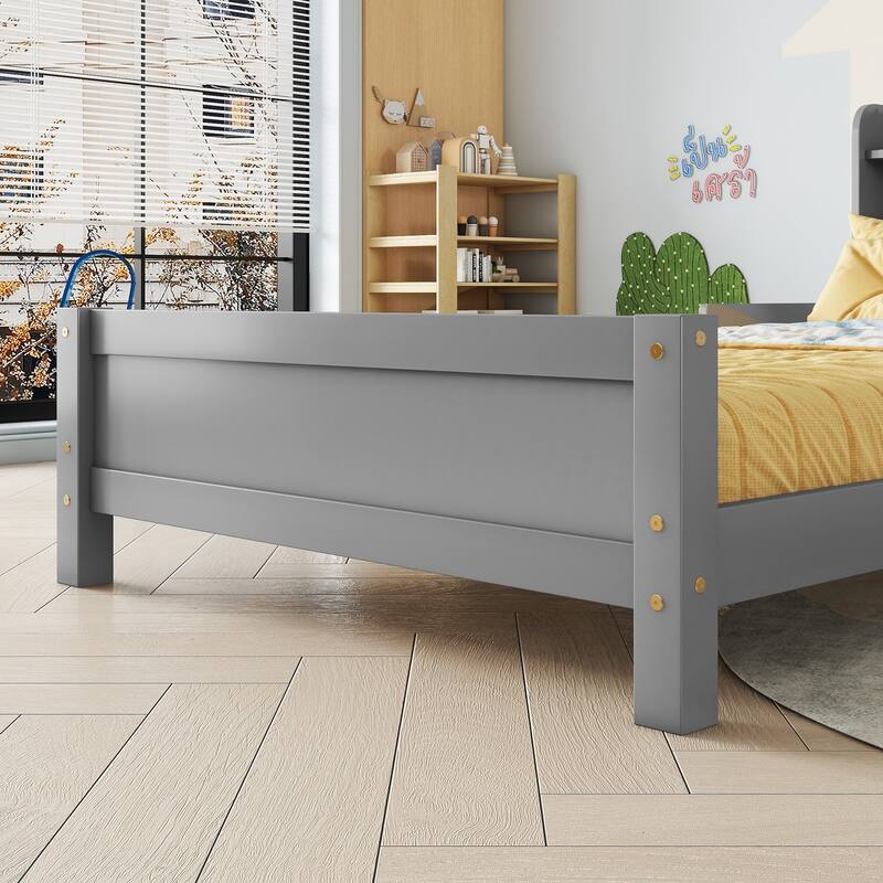 Twin Pine Wood Bed with Bookcase Headboard, LED Motion Sensor Light, Guardrails, White