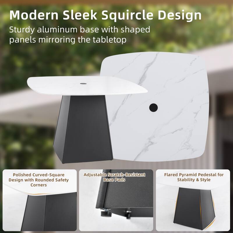 5PC Modern Patio Set - 44" Marble-Look Sintered Stone Table with Pyramid Base & 4 Sunbrella-Cushioned Chairs.