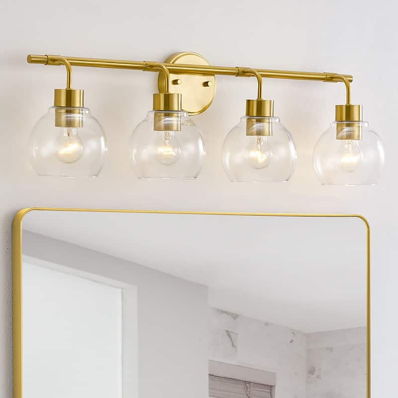KAWOTI Dimmable Bathroom Vanity Light with Clear Glass Shades - W30.5"-4 light - Antique Brass