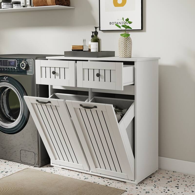 Laundry Cabinet, with 2 Removable laundry basket and 2 Drawers - White