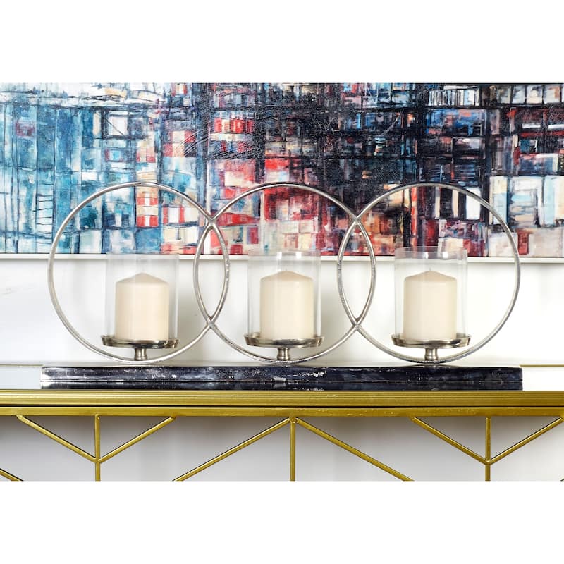 Aluminum Metal Geometric Overlapping Rings Pillar 3 Plate Candelabra - Silver - Roche River Decor - 5"W x 26"L x 11"H