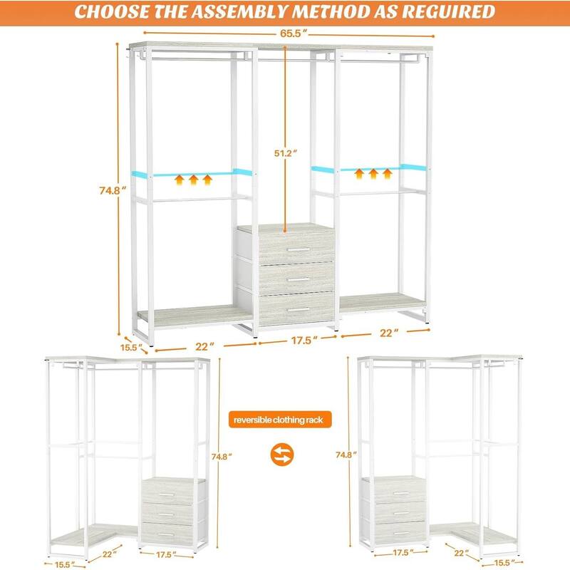 All in One Multifunctional Garment Rack with 3 Fabric Drawers and Shoe Storage Heavy Duty Closet Organizer