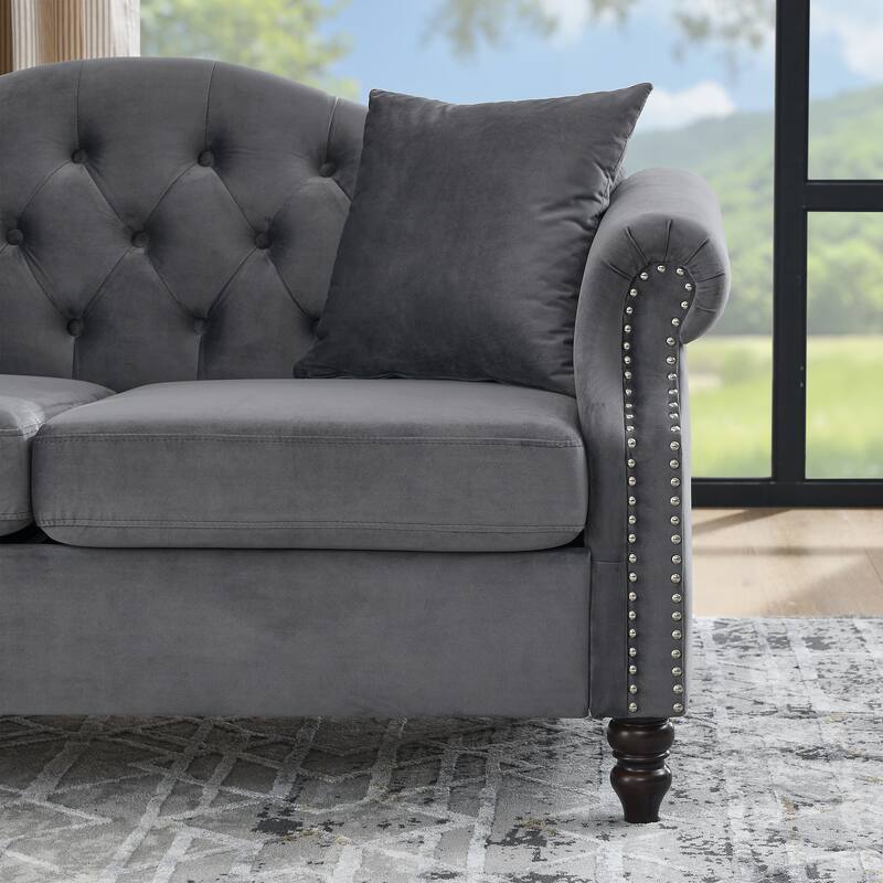 Chesterfield Velvet Loveseat, Tufted Upholstered Couch with Rolled Arms & Nailhead, 2 Seater Sofa with 2 Pillows