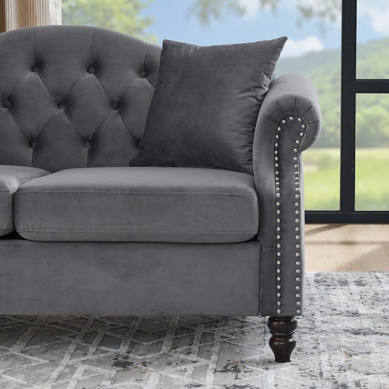Chesterfield Velvet Sofa, Upholstered Loveseat Sofa with 2 Pillows, Tufted 2 Seater Sofa with Rolled Arms & Nailhead Trim