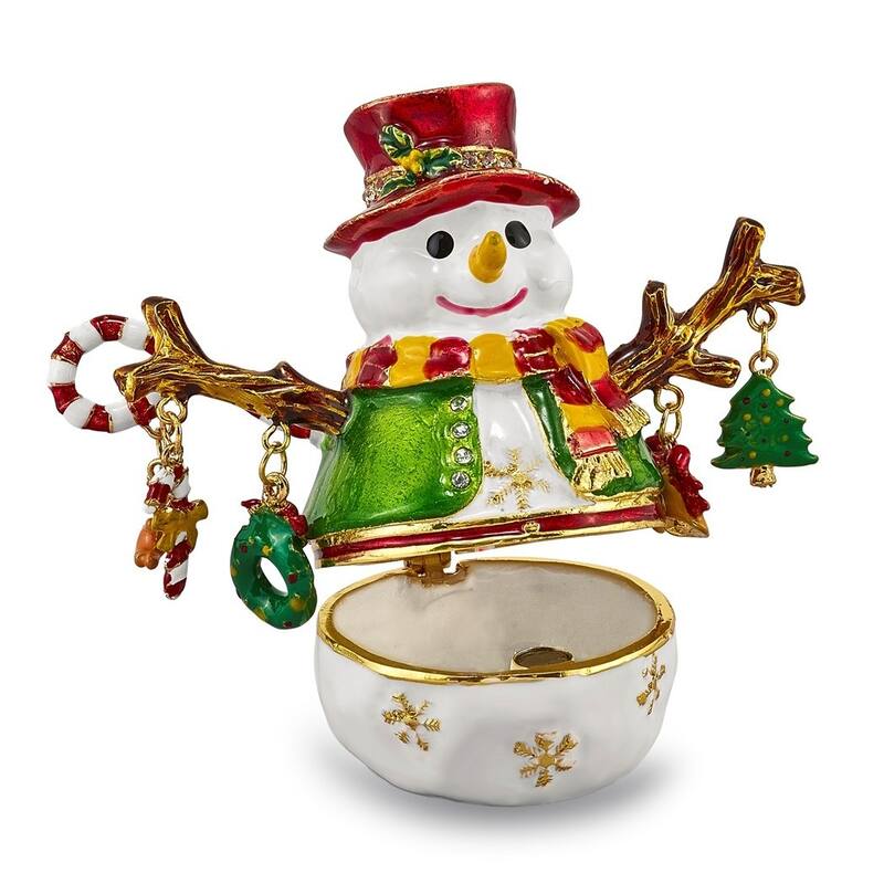 Curata Pewter Bejeweled Crystals Gold-Tone Enameled Logan Snowman Tree Trinket Box on 18 Inch Necklace