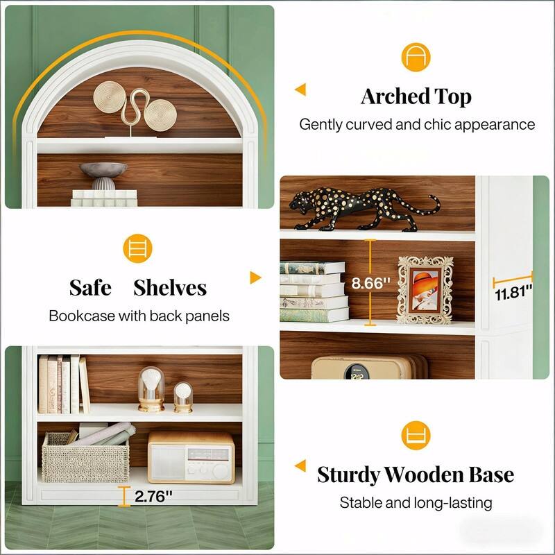6-Tier Arched Bookshelf with Two-Tone Finish, Sturdy MDF Bookcase with Closed Back & Anti-Tip Kit