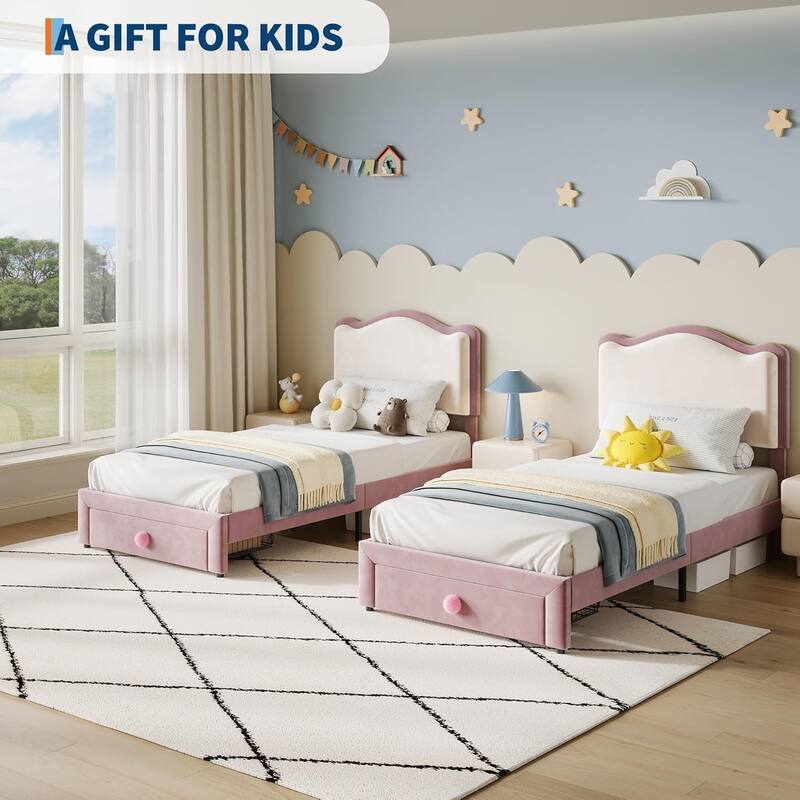 Upholstered Bed Frame for Kids with Storage Drawer and Scallop Headboard, No Box Spring Needed