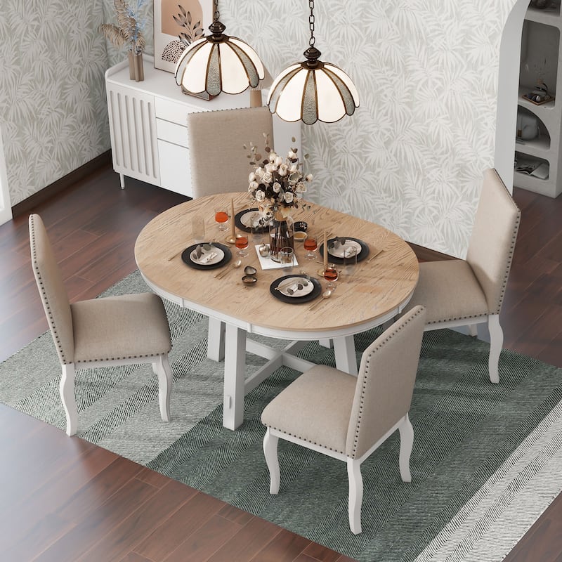5-Piece Dining Set with Round Extendable Dining Table and Chairs - White