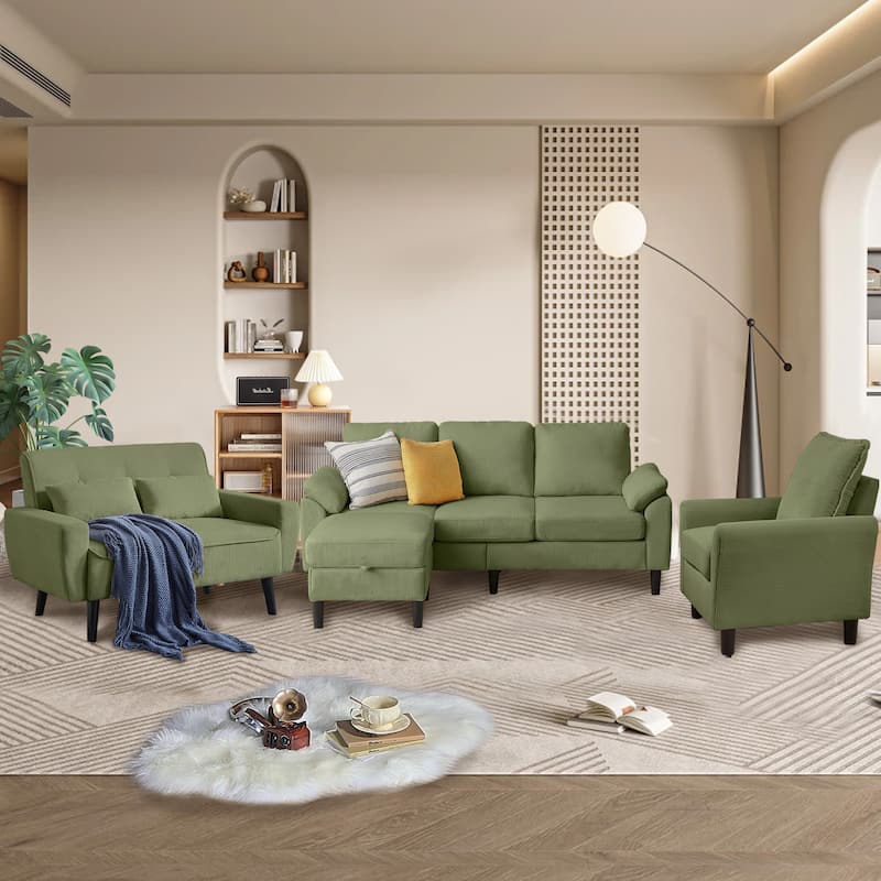 4-Piece Corduroy Living Room Sectional Sofa Set with Loveseat and Chair - Green