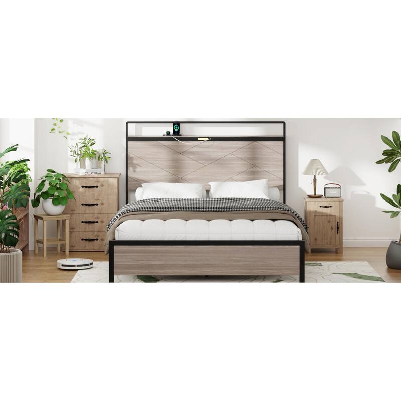 Wooden Platform Bed Frame with Storage, LED Light Headboard and 2 USB Ports, No Noise