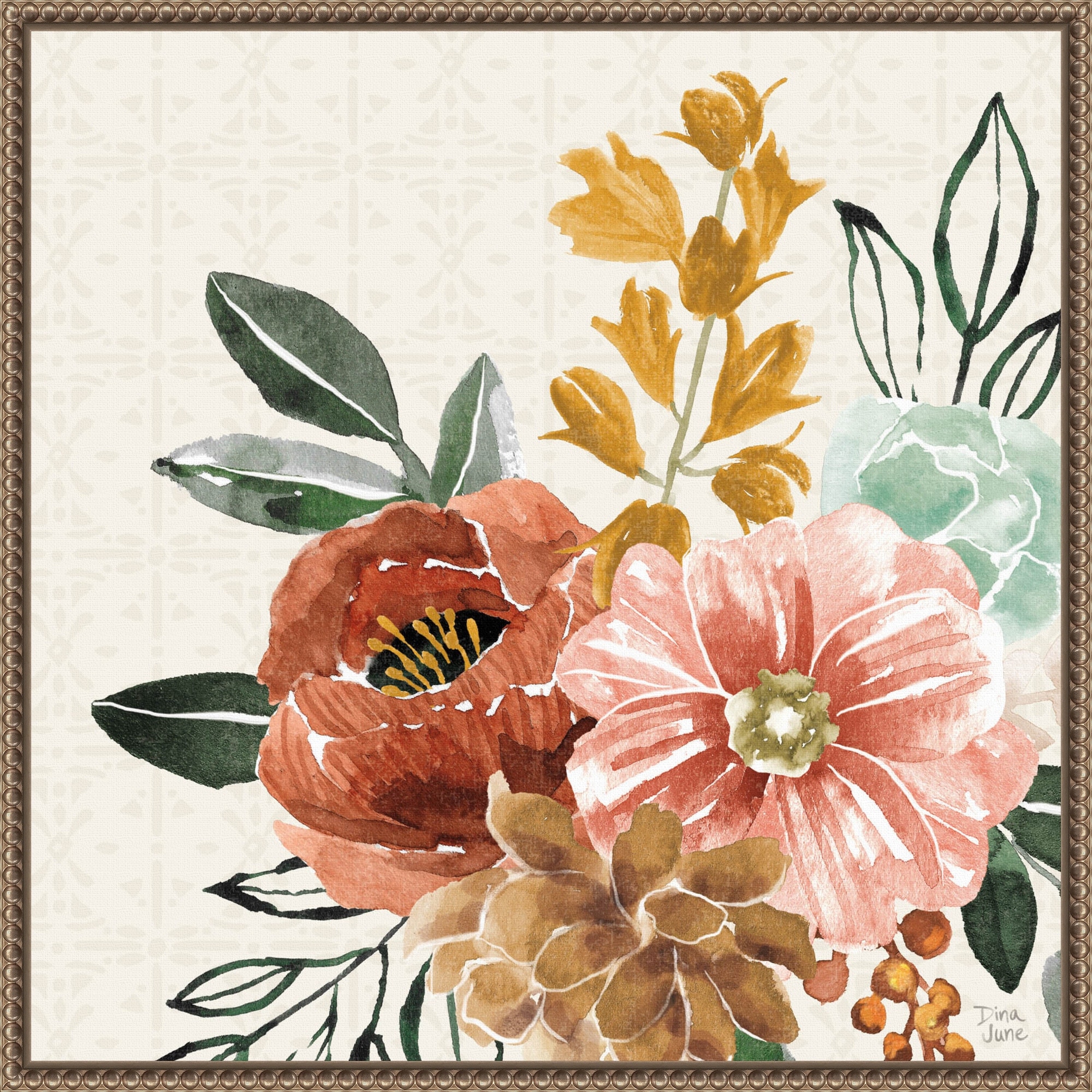 Chic Flowers by Dina June Framed Canvas Wall Art Print - Sylvie Beaded Bronze