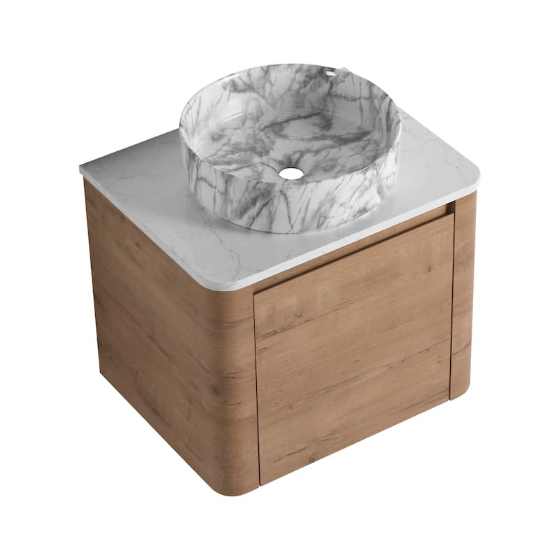 24'' Wall-Mounted Bathroom Vanity With Ceramic Art Sink & 1-Soft-Close Door,KD-Packing, Plywood
