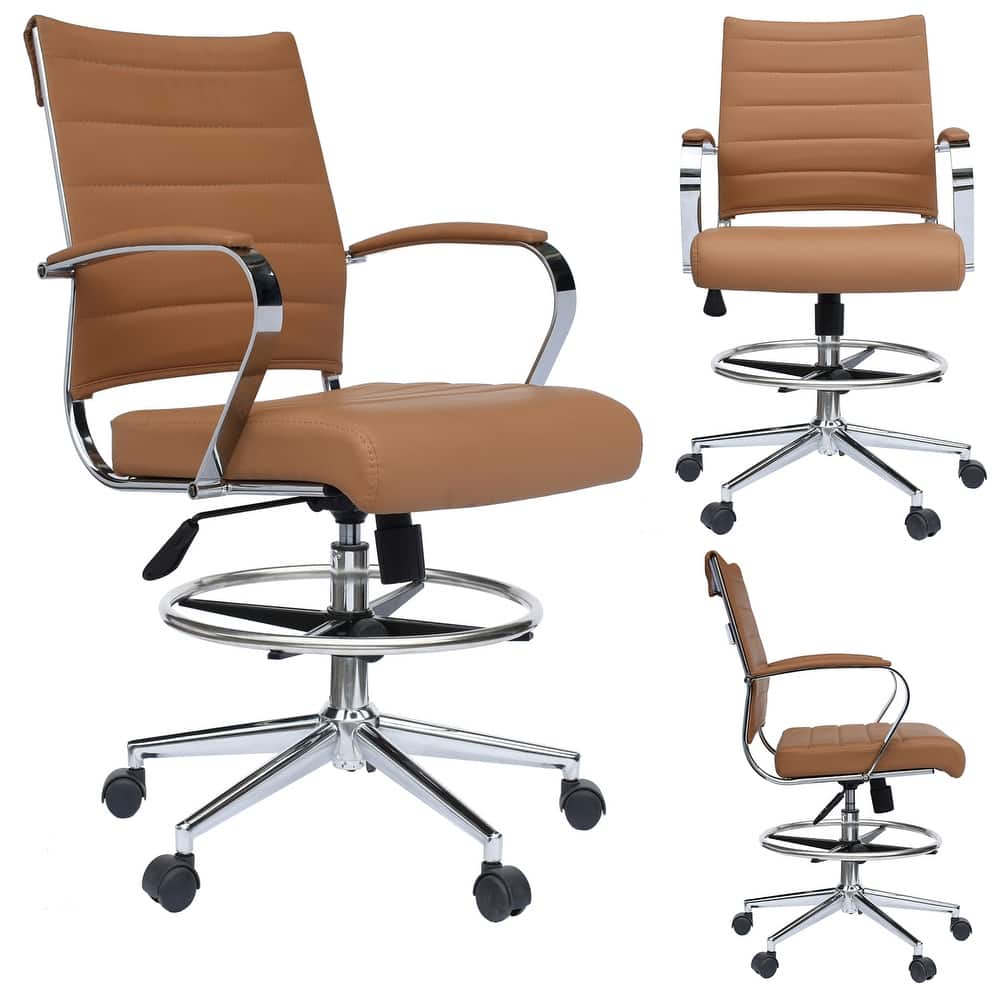 Modern Office Mid Back Drafting Chair Stools With Arms Tilt Wheels PU Leather Swivel For Work Office Standing Desk