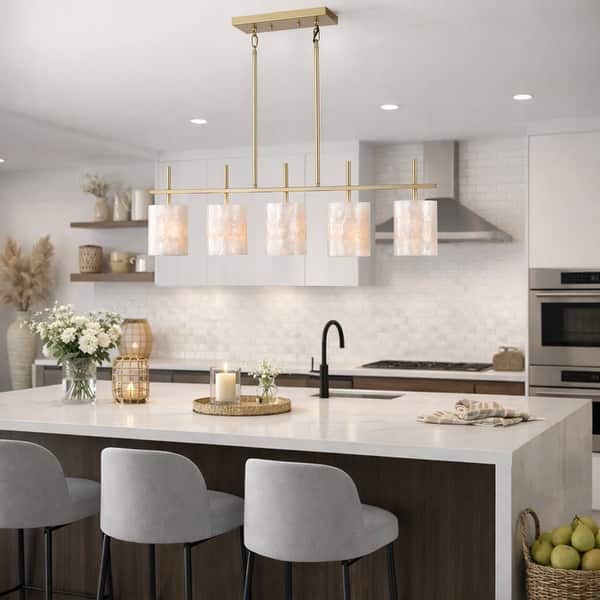 slide 2 of 11, 35.4" Modern Coastal 5-Light Capiz Shell Linear Kitchen Island Pendant - Gold/Ivory Gold/Ivory