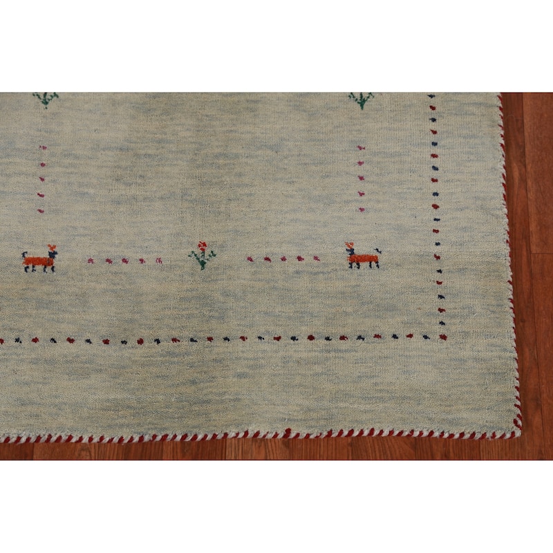 Hand Knotted Oriental 100% Wool Carpet Tribal Animal Pictorial Green Gabbeh Area Rug - 4' 11'' X 2' 9''