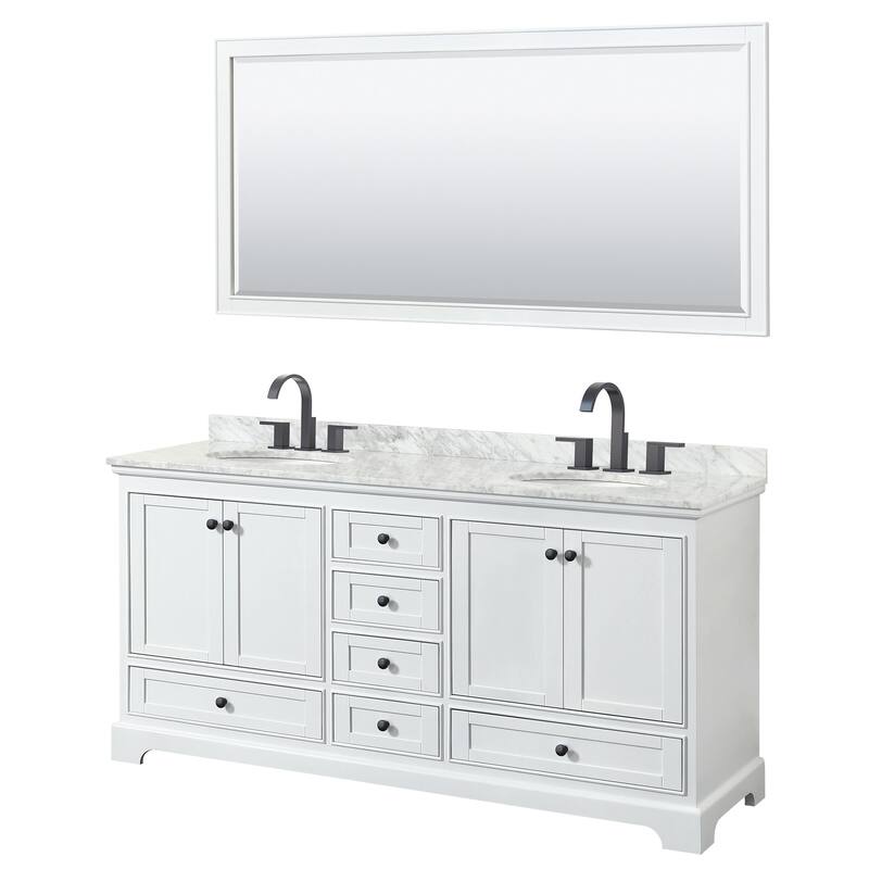 Wyndham Collection Deborah 72" Free Standing Double Vanity Set with - White / White Carrara Marble Top / Matte Black