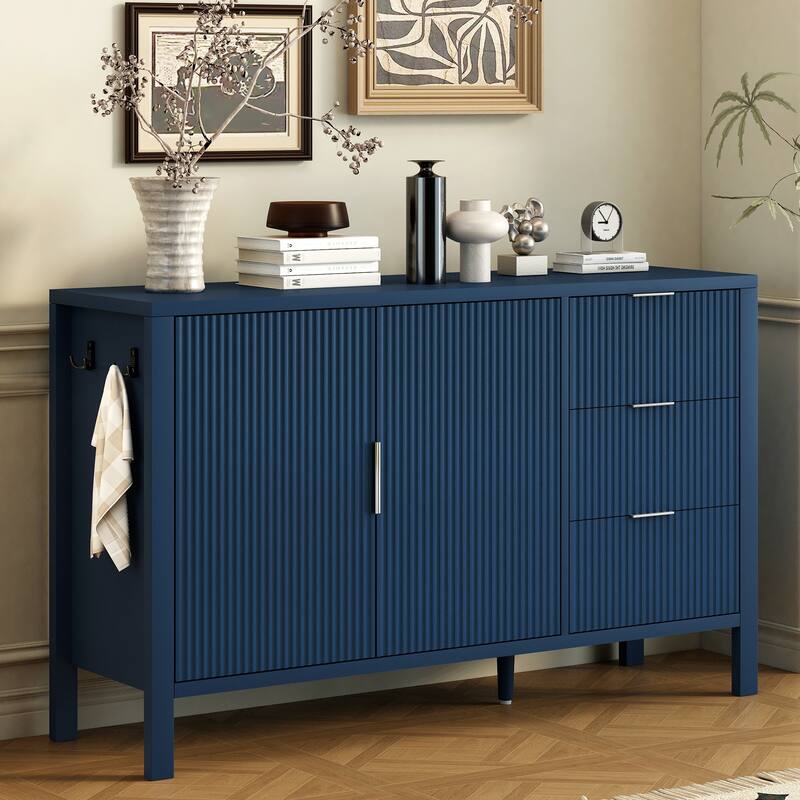 Roomfitters Sideboard Buffet Cabinet with 3 Drawers, 2 Door Mid-century Fluted Accent Storage for Kitchen & Dining