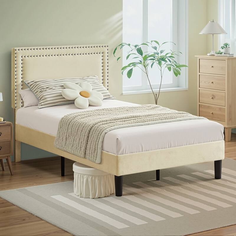 VECELO Beige Twin Size Platform Bed with Adjustable Headboard Teenager room Double Rivet Design 1/2/3 Piece Set Bed Frame