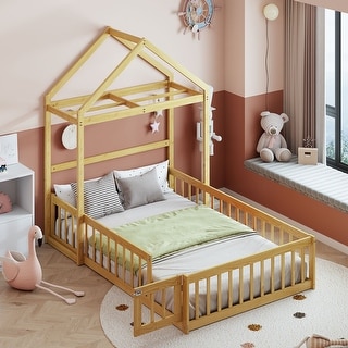 Natural Full Size Wooden Floor Bed with Fence Railings and Detachable Headboard, Kids Dress Up Rack, Playhouse Frame