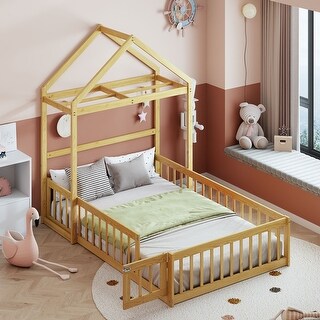 Natural Full Size Wooden Floor Bed with Fence Railings and Detachable Headboard