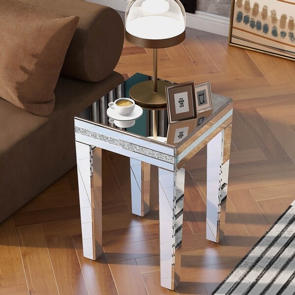 Glass Mirrored Side Table End Table with Crystal Design and Adjustable Height Legs Silver
