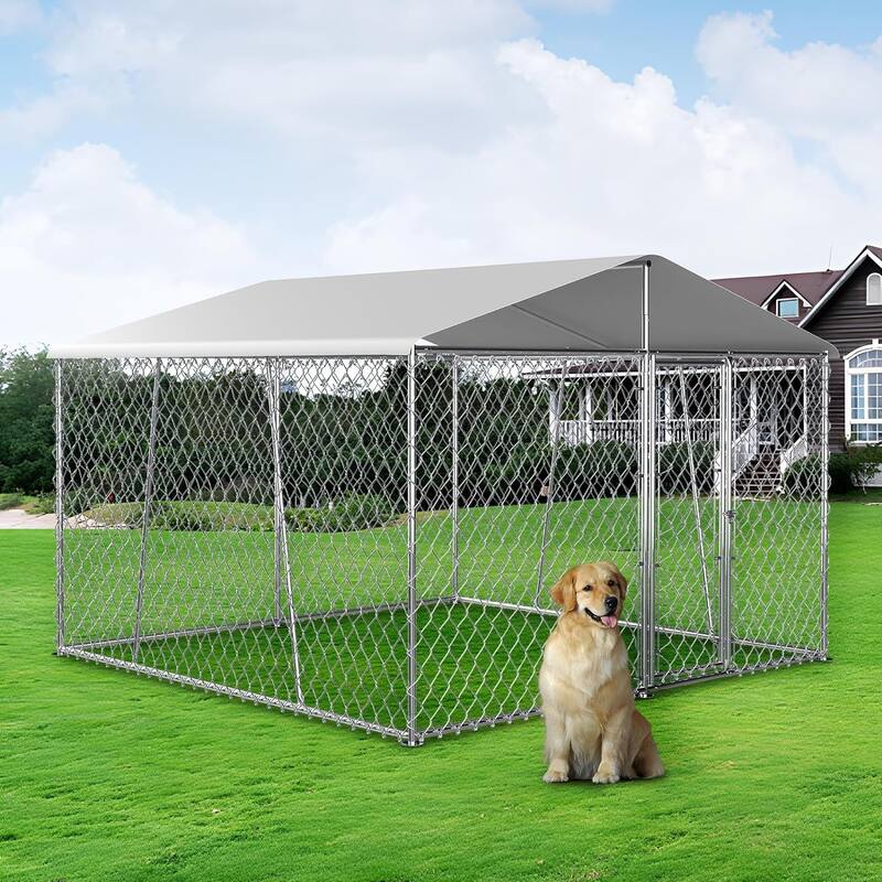 Outdoor Dog Kennel with Roof, Heavy Duty Chain Link Dog Kennel with Lock - 10×10×7 FT