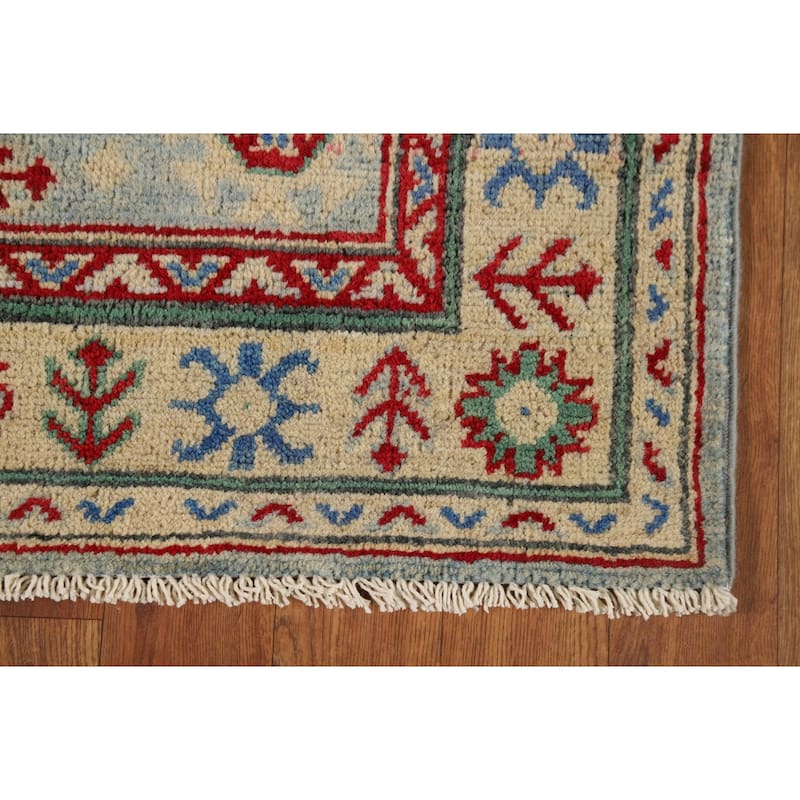 Light Blue Kazak Runner Rug Hand-Knotted Oriental Foyer Wool Carpet - 2'8" x 16'0"