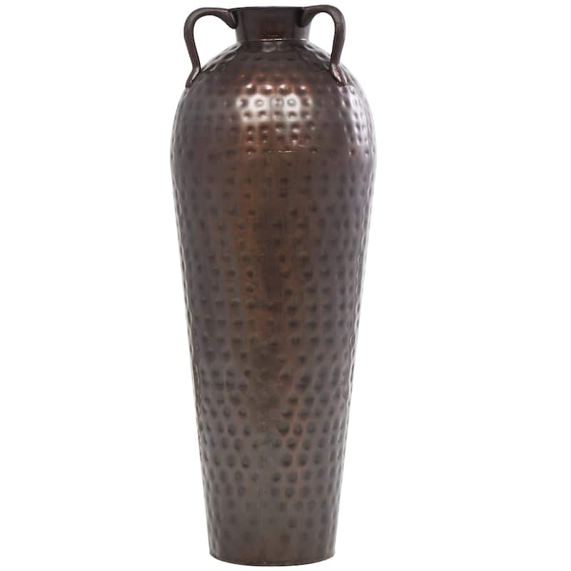 Metal Tall Floor Mediterranean Style Vase with Hammered Details and Handles - Brown - Roche River Decor