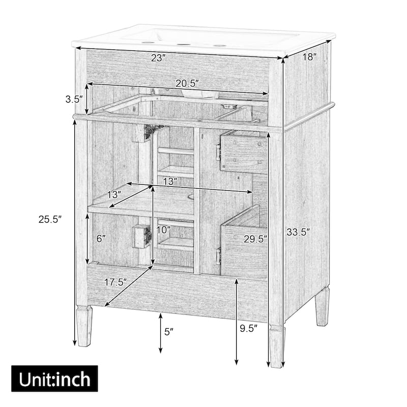 24" Bathroom Vanity with Ceramic Sink, Wood Cabinet with Flip-Out Drawer, Soft-Close Drawers and Door