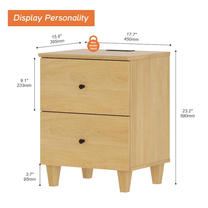 2 Drawer Nightstands with Charging Station for Bedroom