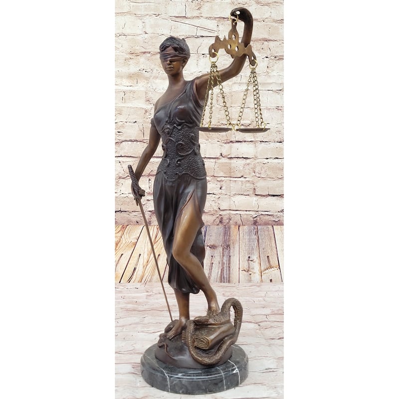 19 Inches Tall Blind Justice Signed Mayer Bronze Sculpture Handcrafted Lost Wax Method