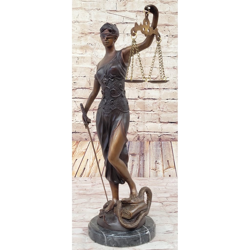 19 Inches Tall Blind Justice Signed Mayer Bronze Sculpture Handcrafted Lost Wax Method