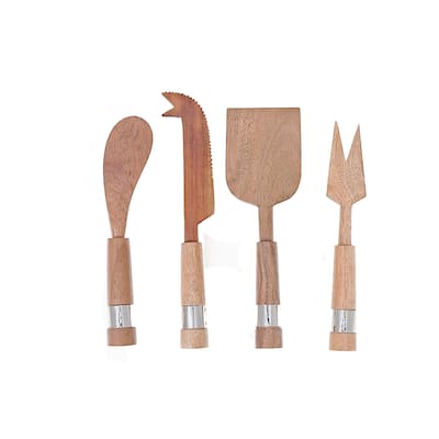 IH Casa Decor Natural Acacia Wood With Hammered Nickel 4 Pc Cheese Cutlery Set