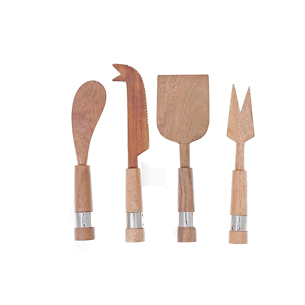 IH Casa Decor Natural Acacia Wood With Hammered Nickel 4 Pc Cheese Cutlery Set