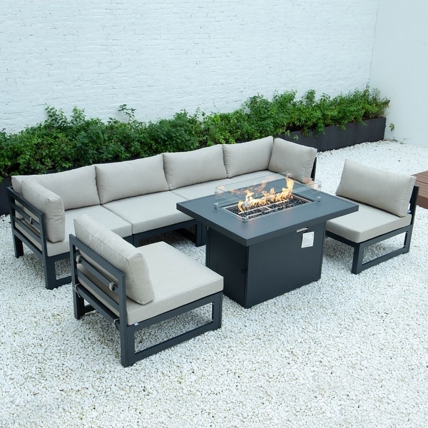 LeisureMod Chelsea 7-Piece Outdoor Sectional & Fire Pit Table Set