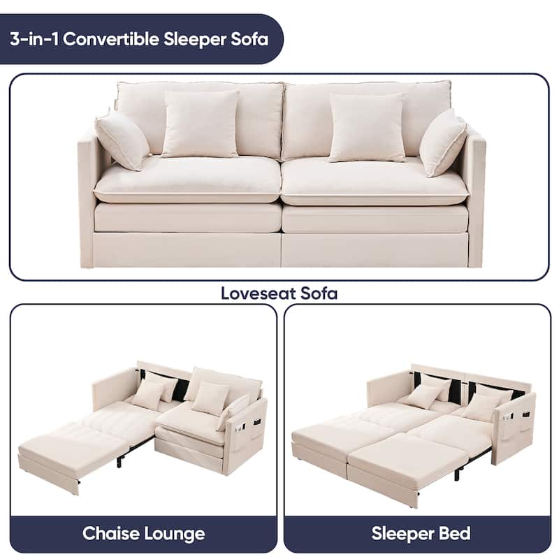 Mixoy 77.95'' lce Velvet 3-in-1 Convertible Loveseat Sleeper Sofa Bed with Side Pockets,Pull Out into Chaise Lounge/Sleeper Bed