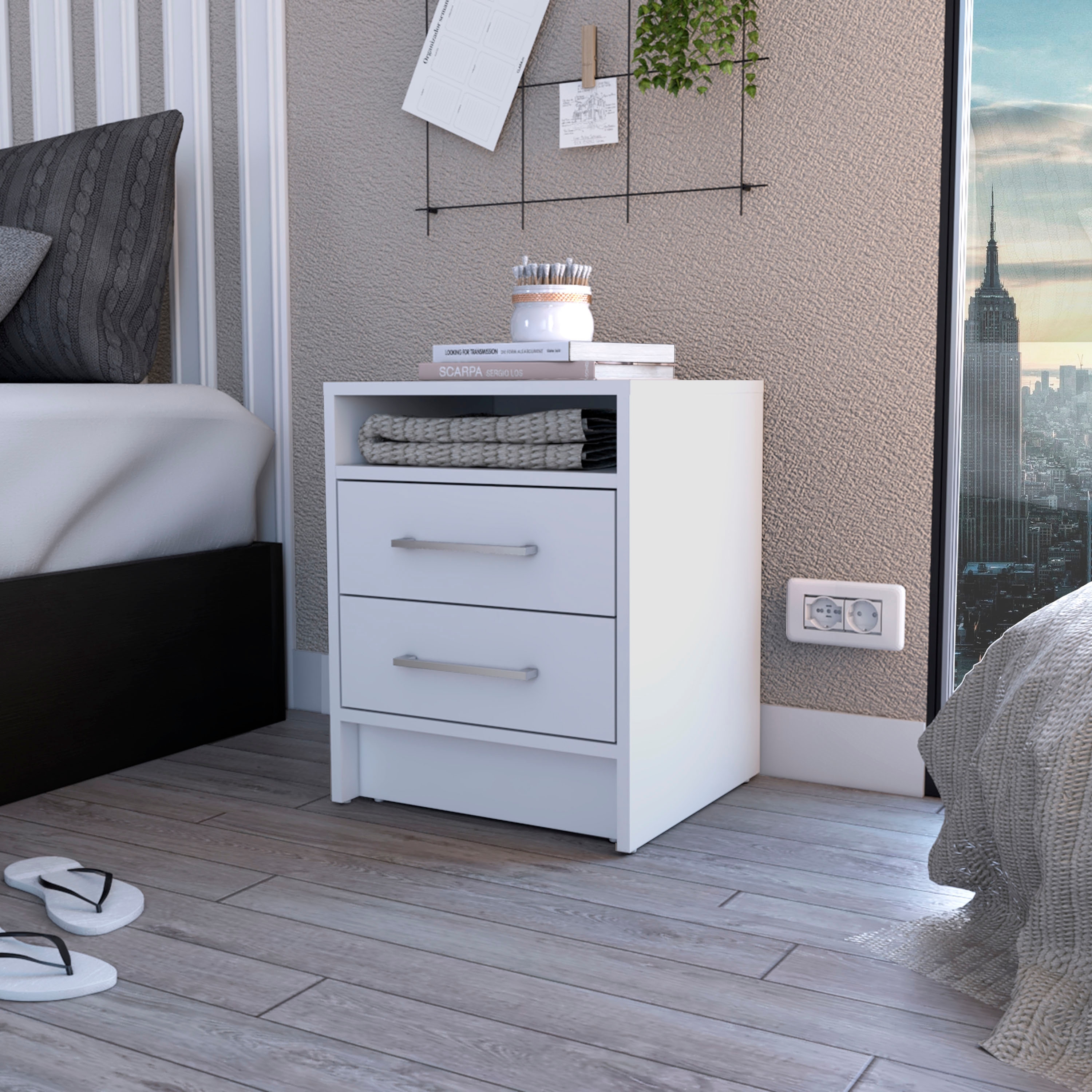 White Rectangle Nightstand with Two Drawers and Shelf