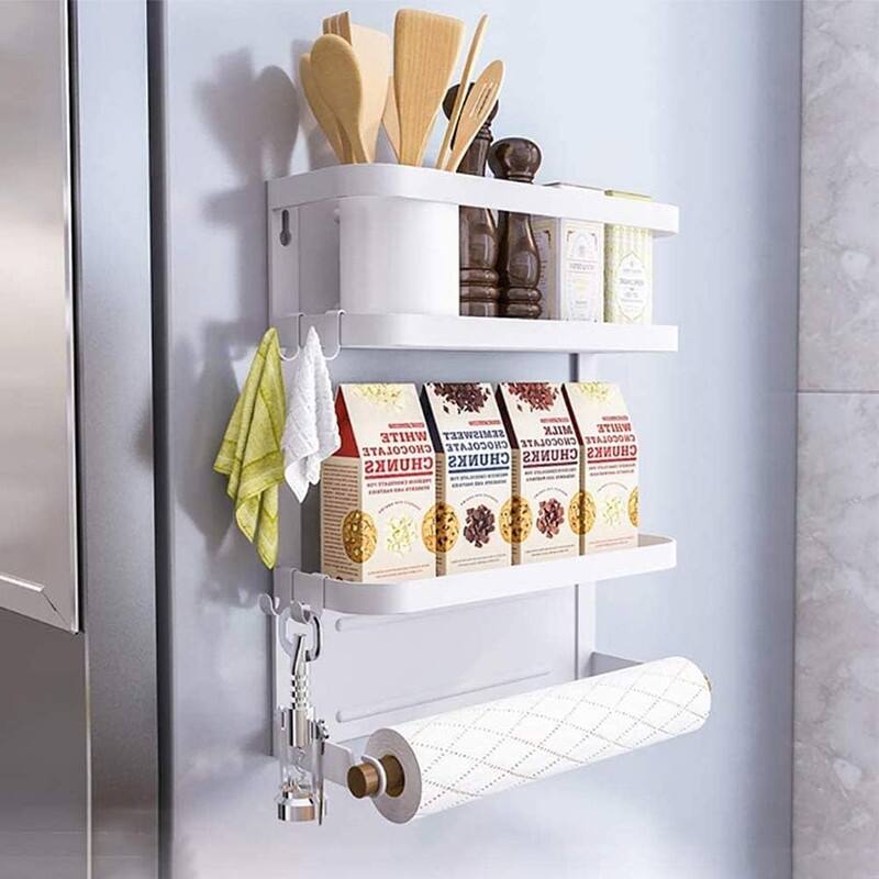 Magnetic Spice Rack for Refrigerator Magnetic Paper Towel Holder - 3.9"D x 12.4"W x 13.2"H -  2Tier-White