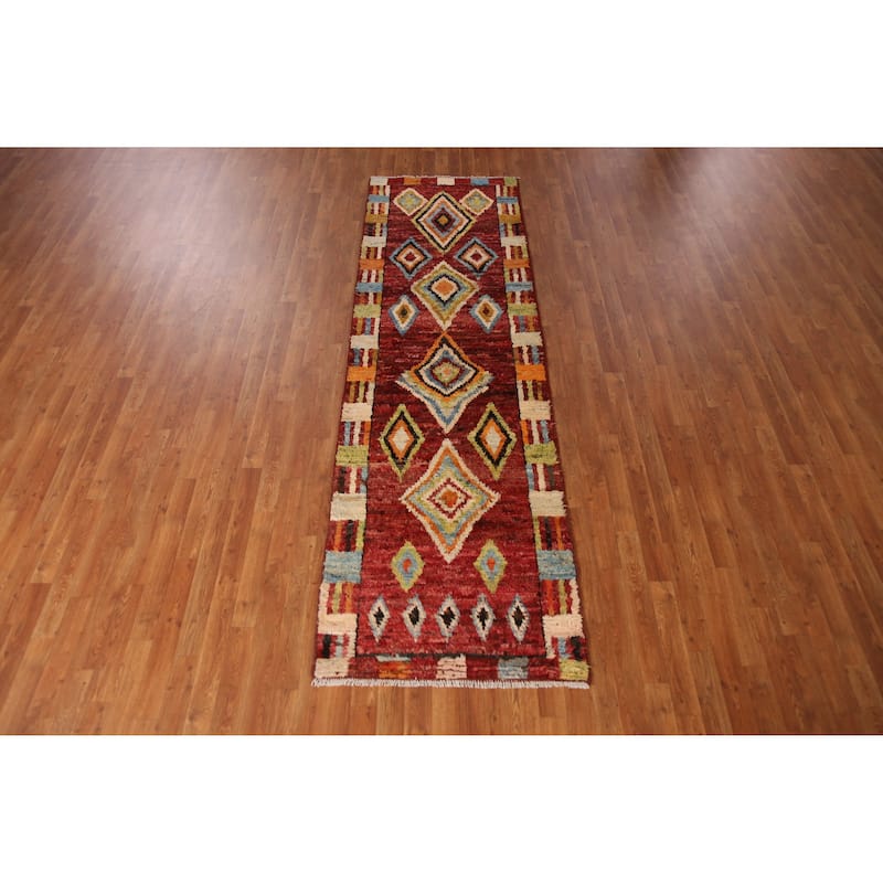 Geometric Red Moroccan Oriental Runner Rug Handmade Wool Carpet - 2'11" x 9'9"