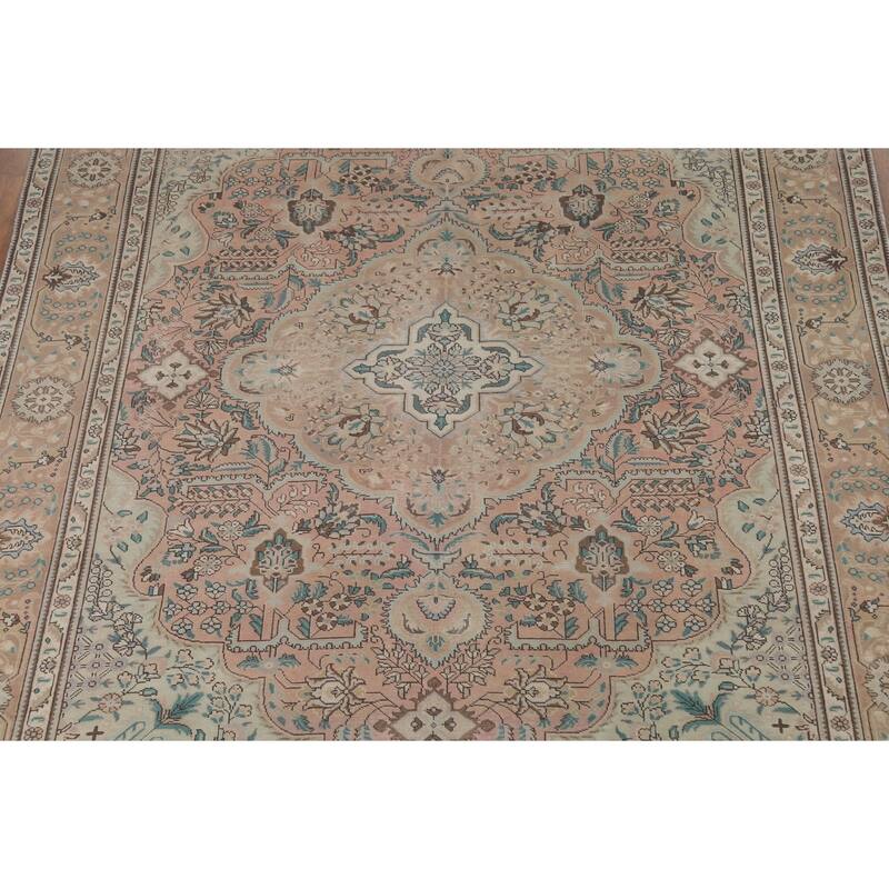 Pink Geometric Tabriz Persian Vintage Area Rug Handmade Wool Carpet - 8'8"x 11'2"