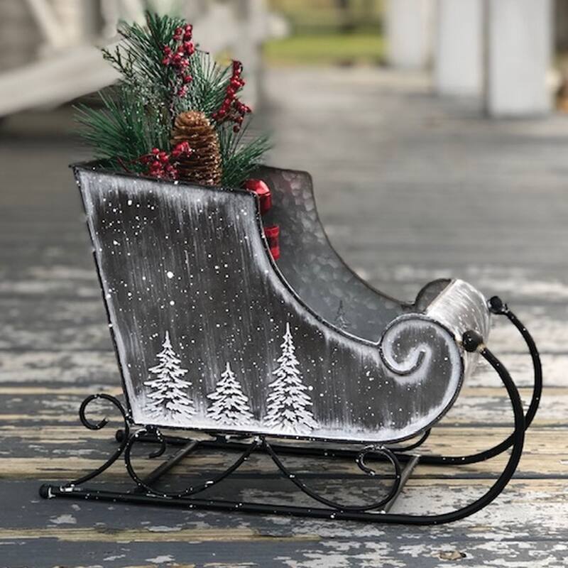 Embossed Snowy Pine Tree Metal Sleigh Small