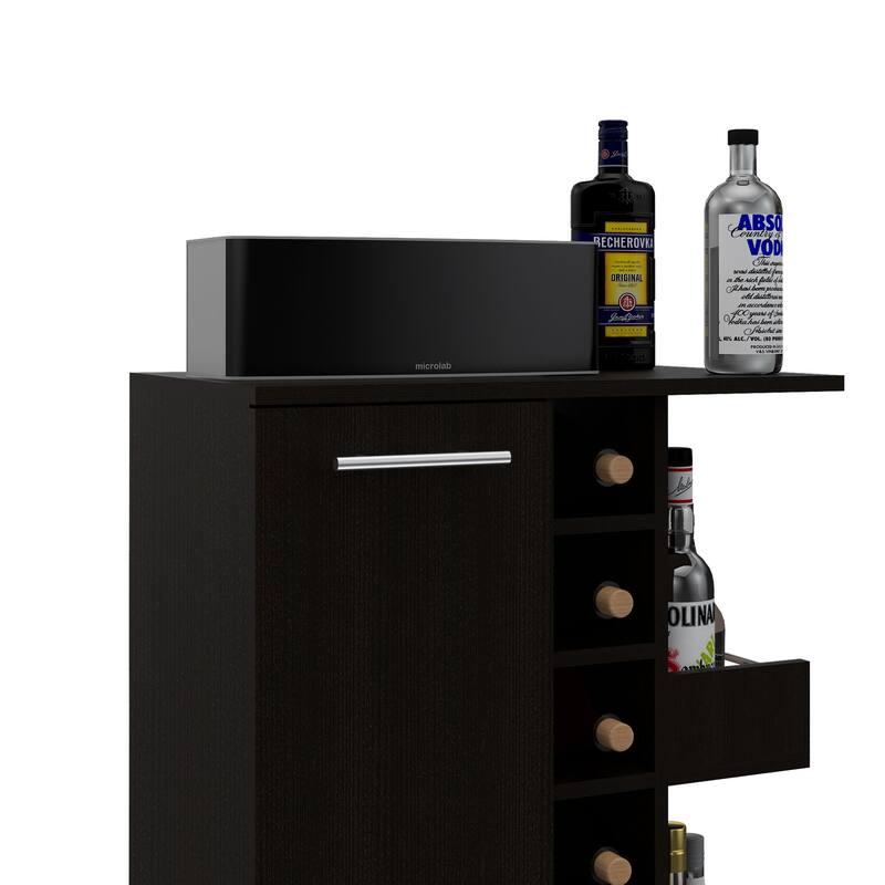 Bar Cart, Four Casters, Six Wine Cubbies, Single Door Cabinet