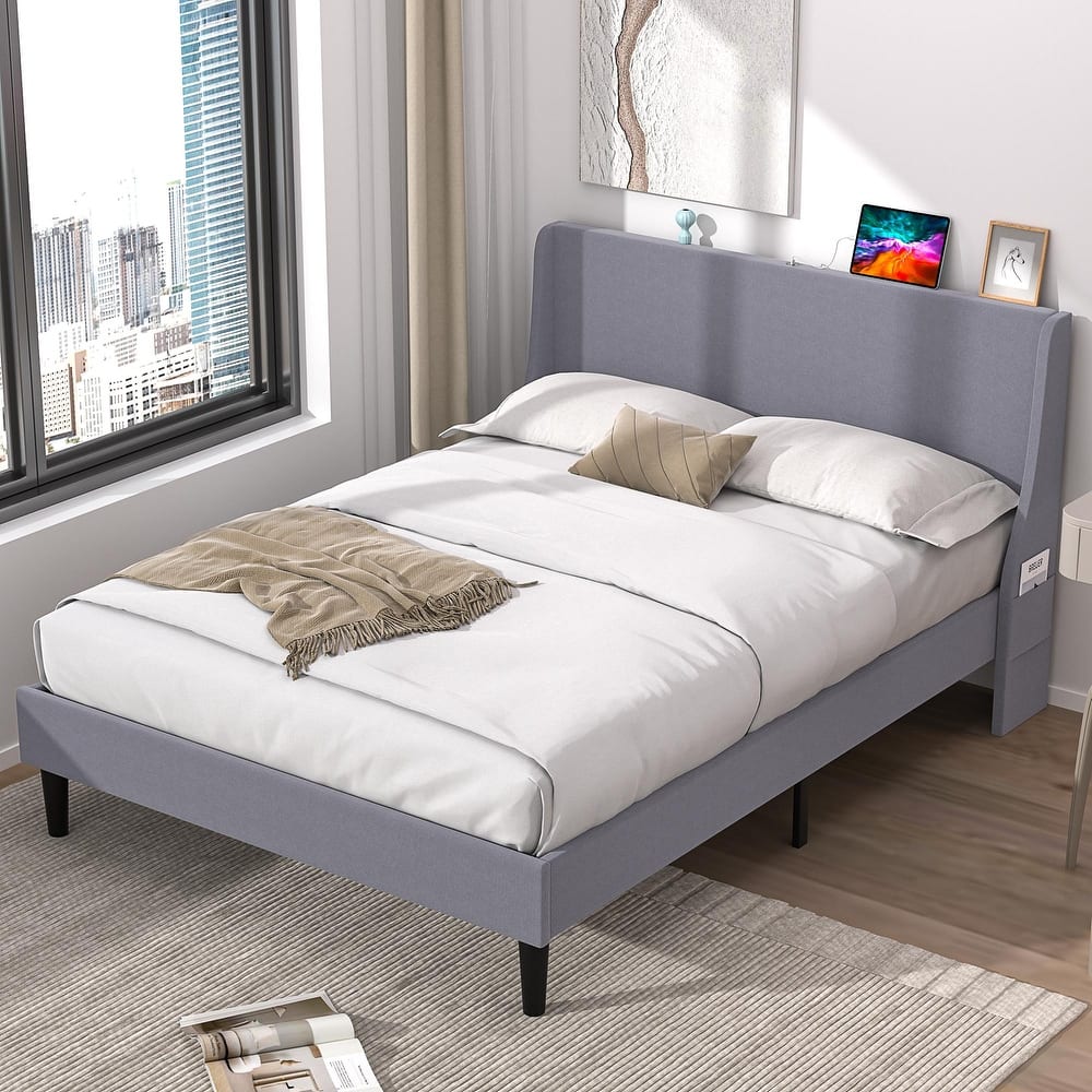 VECELO Bed Frame with Upholstered Wingback Headboard Platform Bedframe with Charging Station & Side Pockets