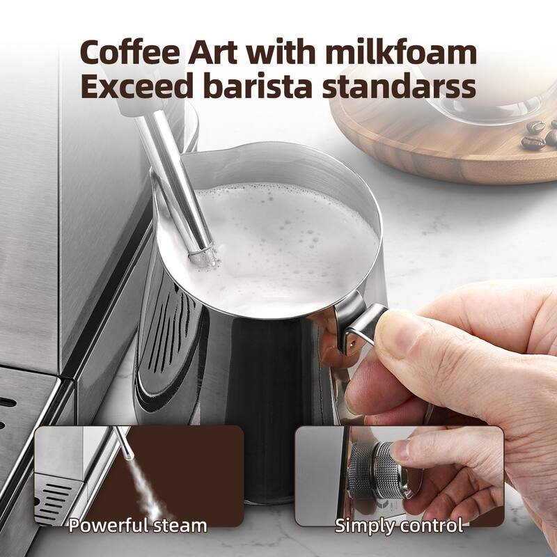 AMZCHEF 20 Bar Espresso Machine, 1350W Compact Stainless Steel Coffee Maker with LED Touch Screen - 13"D x 6.5"W x 12"H