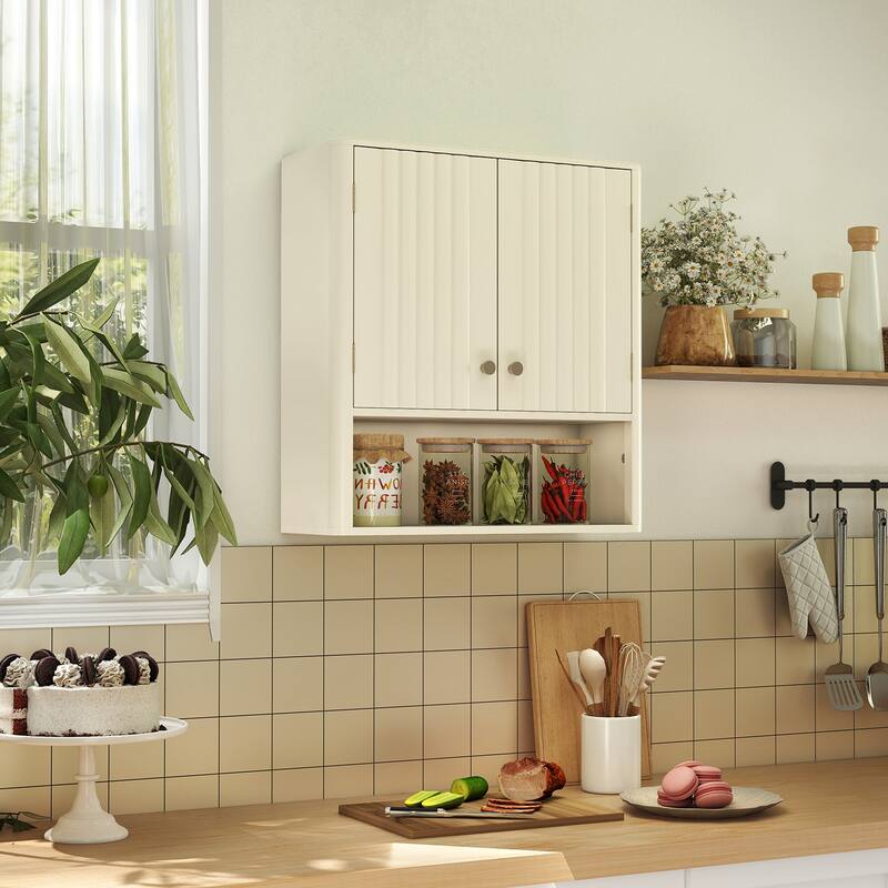 Gymax Bathroom Wall Cabinet w/Fluted Doors Adjustable Shelf Open